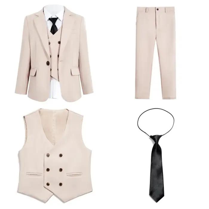 Ensemble de costume formel beige pour garçons, 4 pièces, vêtements de scène, revers cranté, ensemble