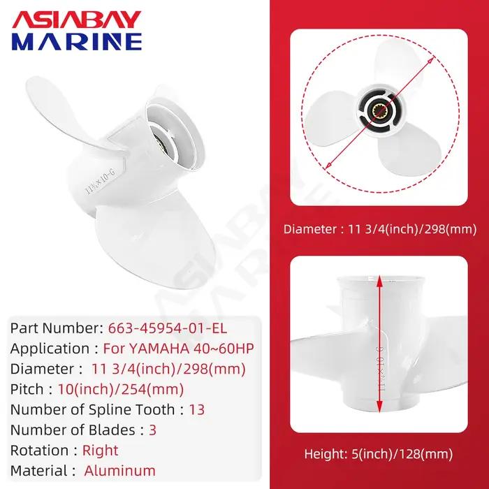 Pour hélice hors-bord Yamaha 11-3/4x10, 40 50 60 HP, 3 pales, 13 cannelures, RH, vis en alliage d'al