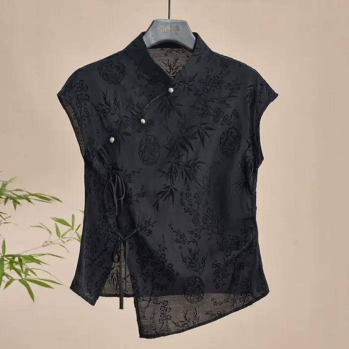 Chemise fine rétro nouveau Style chinois Cheongsam haut noir Jacquard T-shirt à manches courtes été