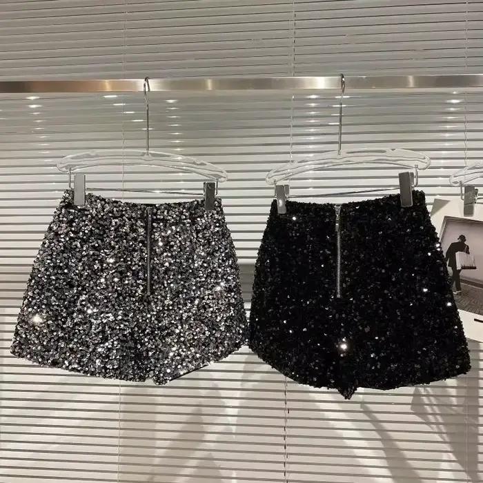 Short en Velours Noir pour Femme, Pantalon Court Polyvalent Brcorporelle à Paillettes, Nouvelle Coll