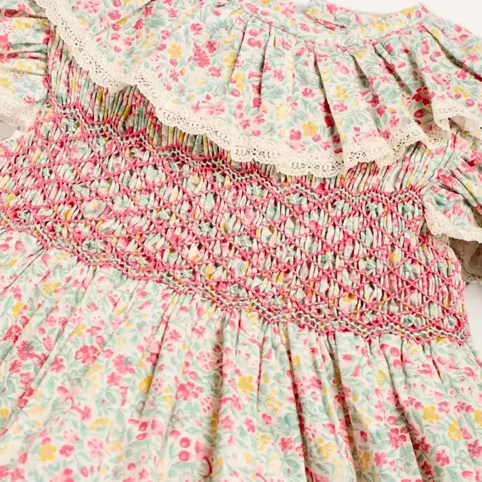 Ensemble 2 pièces pour bébé fille, col à volants smockés à la main, motif floral estival, style vint