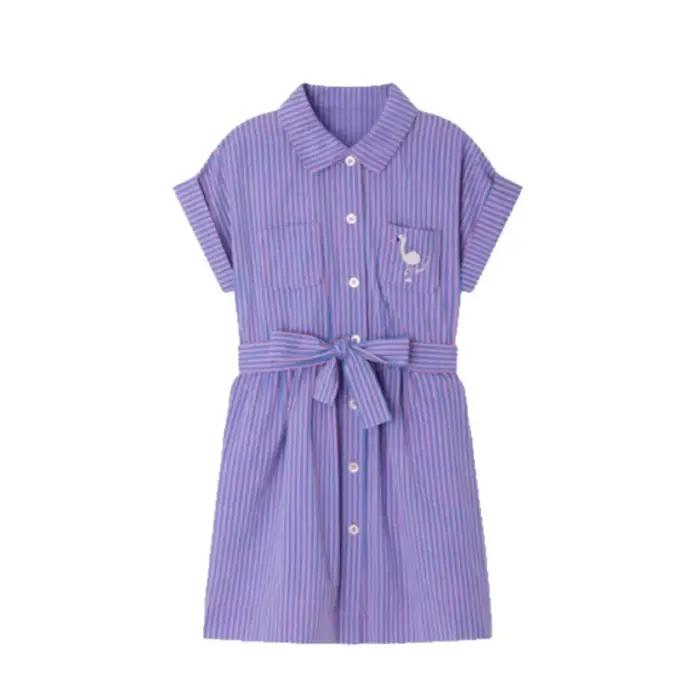 Robe chemise rayée violette pour enfants 2026, manches courtes, col montant, taille nouée, jupe trap