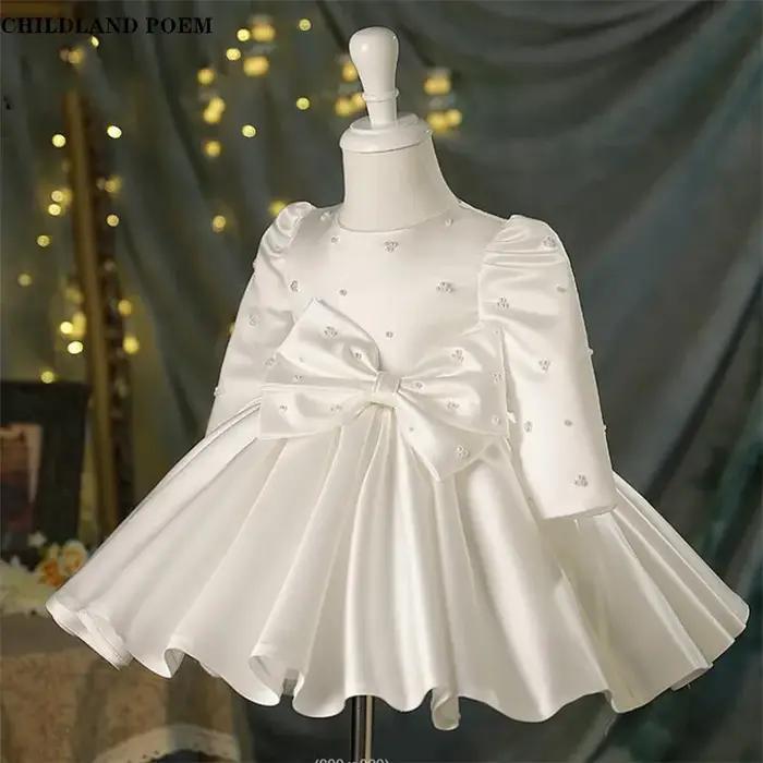Robe de 1er anniversaire pour bébé fille, tenue de baptême à manches longues avec nœud Tutu, robe de