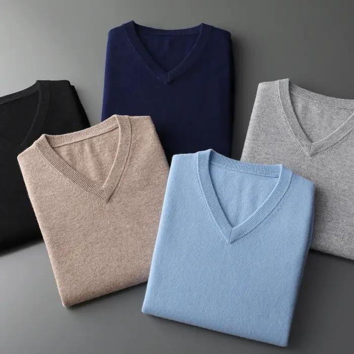Cachemire coton mélange classique col en v tricoté pull hommes pull 2024 automne hiver doux chaud af
