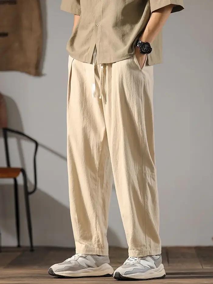 ENESE − Pantalon en coton et lin pour hommes, survêtement, coupe droite, décontracté, à jambes large