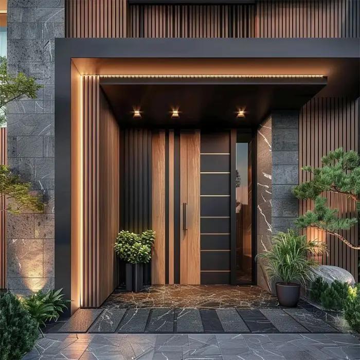 Porte d'entrée en grain de bois en alliage d'aluminium pivotante avant personnalisée pour entrée élégante et sûre occasions spéciales-decoration-maison