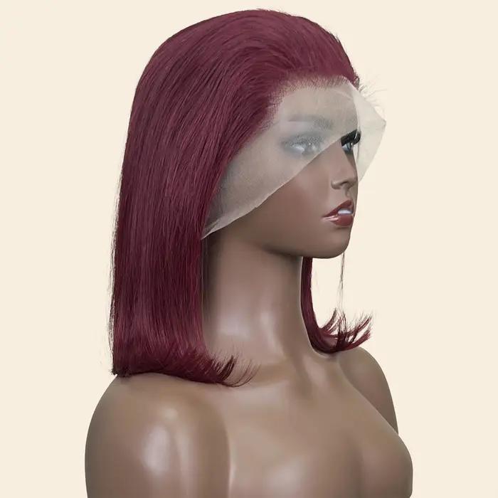 Perruque Bob Lace Front Wig Remy Naturelle Lisse, Cheveux Courts, Bordeaux 99J, 13x4, Pre-Plucked, D