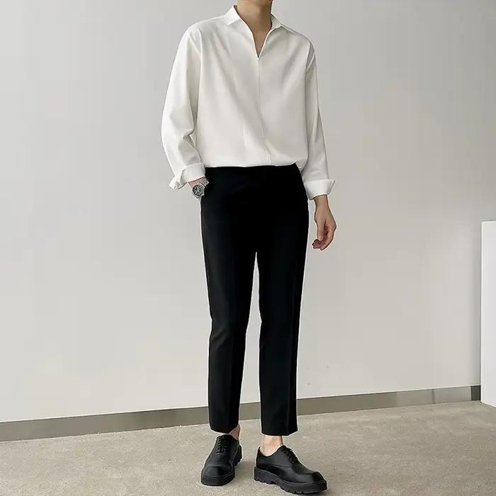 Nouveau coréen col en V hommes chemises de luxe décontracté Style tombant mince couleur unie à manch
