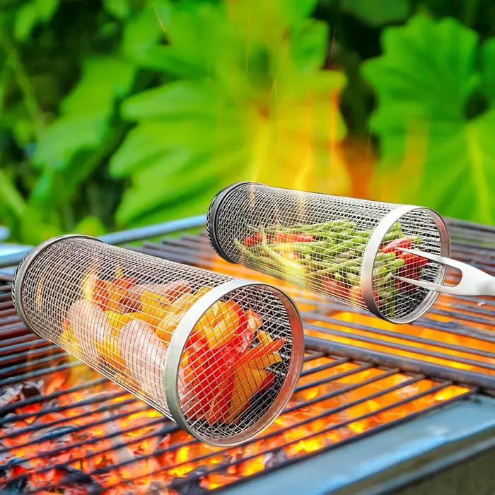 Panier à grillades roulant en acier inoxydable, panier à gril en maille Portable pour Camping en ple