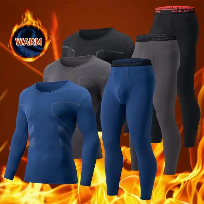 Ensemble de sous-vêtements thermiques de sport imprimés pour hommes, 2 pièces, couleur unie, col ron