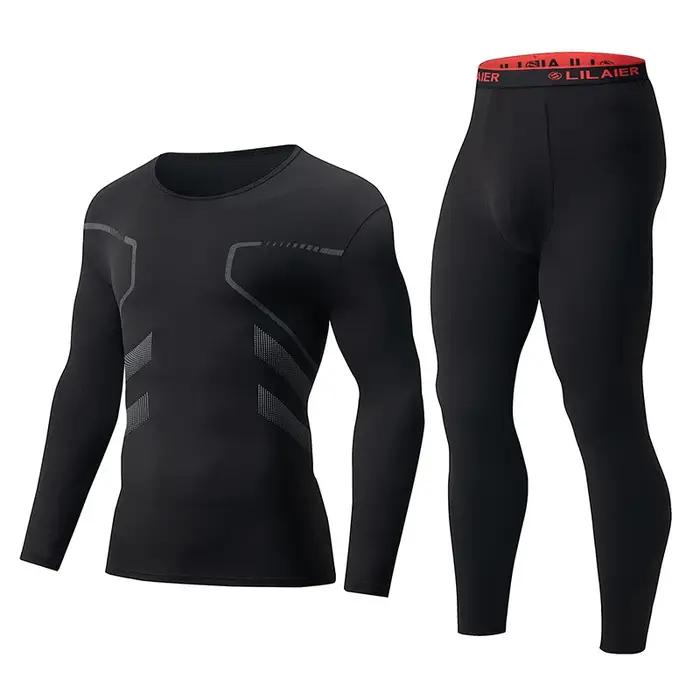 Ensemble de sous-vêtements thermiques de sport imprimés pour hommes, 2 pièces, couleur unie, col ron