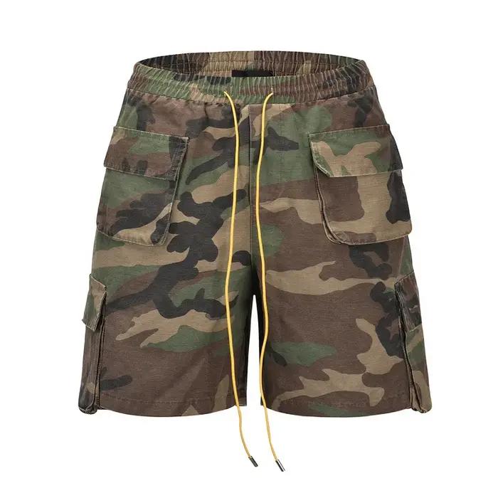 Shorts cargo camouflage pour homme, style streetwear, multi-poches, coupe oversize, avec cordon de s