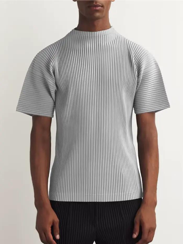 Vêtements plissés Miyake, t-shirt à manches courtes pour homme, haut à col roulé noir tendance