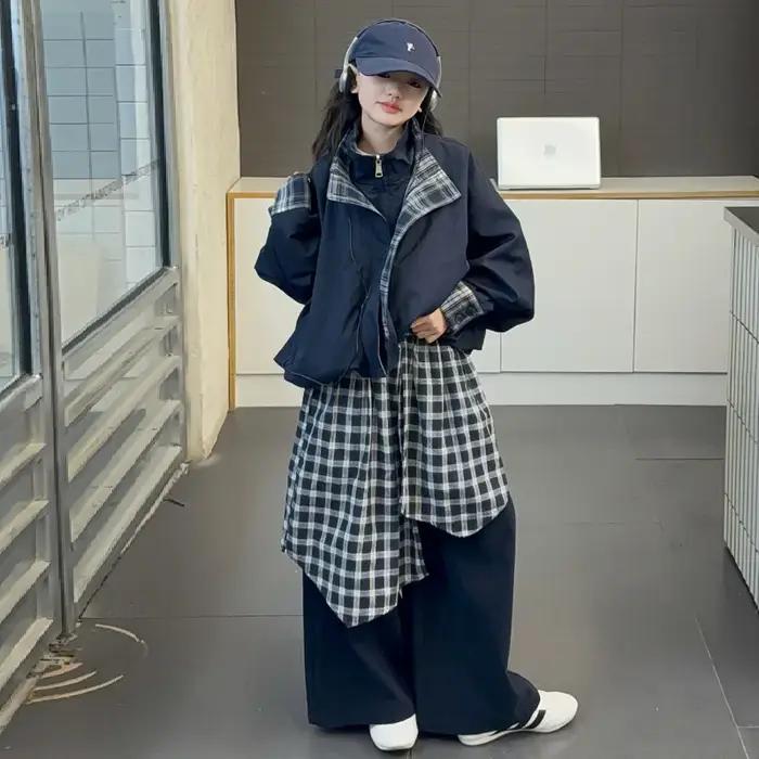 Ensemble de tenues de printemps pour filles, veste à carreaux, ourlet superposé, pantalon à jambes l