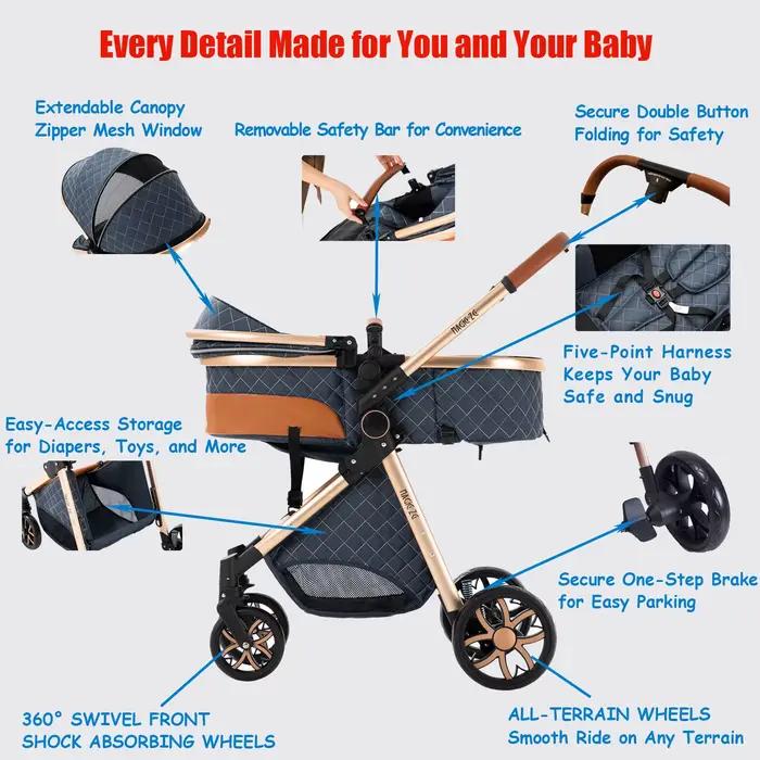Poussette Bébé Élégante 3-en-1, Conception Premium avec Siège Auto Sécurisé, Nacelle Confortable et