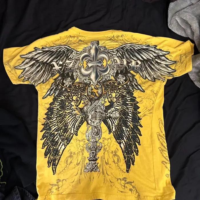 T-shirt rétro Xtreme Angel Wing pour hommes et femmes, jaune, manches courtes, Harajuku, mode améric
