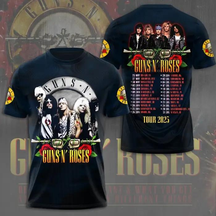 Chemise 3D Guns N' Rose 2025 Tour – Epic Rock Tee pour collectionneurs de musique États-Unis