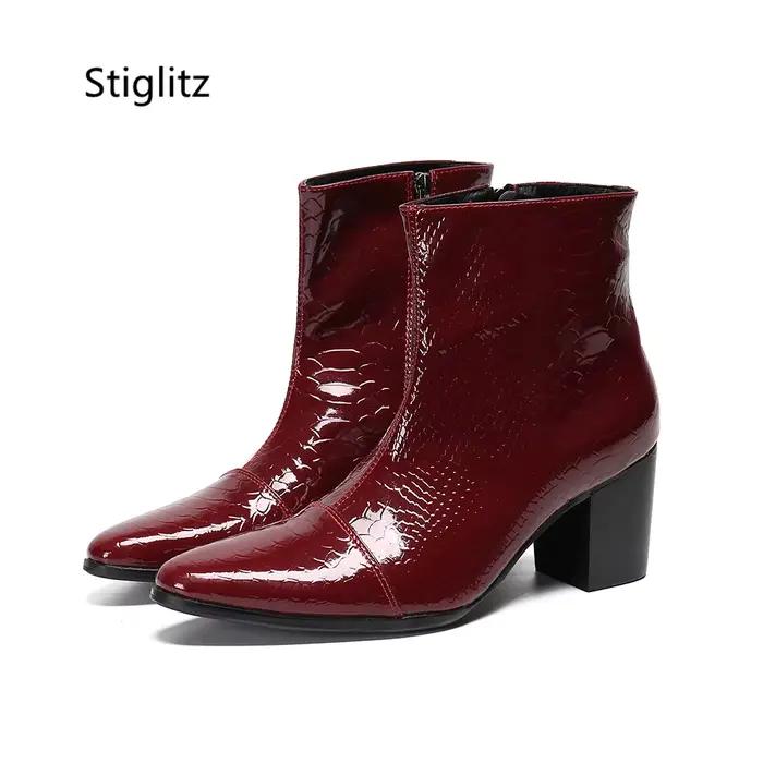 Bottines en cuir véritable pour hommes, noir et rouge, talons hauts de 8Cm, motif serpent rétro, bou