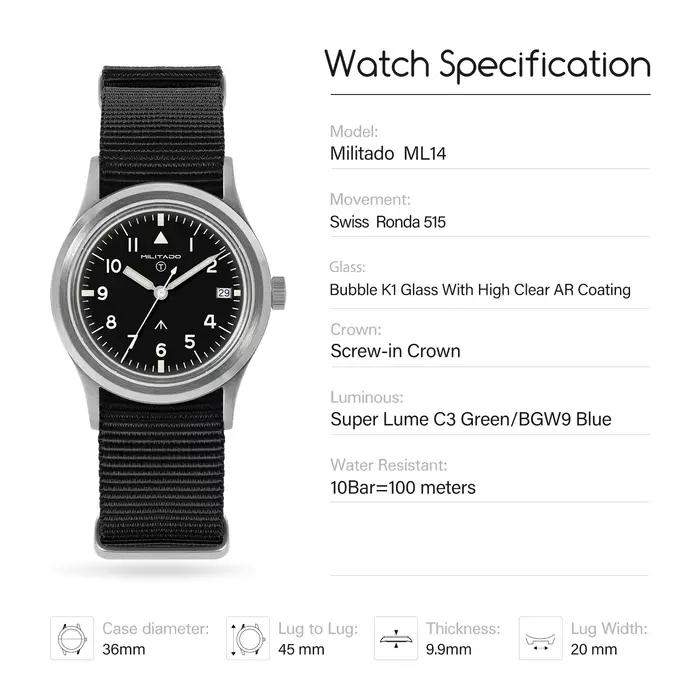 Militado ML14 36mm montre VH31 balayage deuxième mouvement à Quartz montre saphir cristal Super lumi