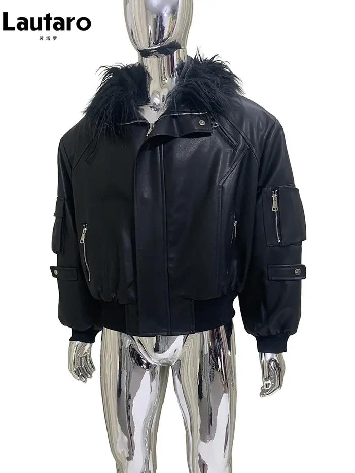 Mauroicardi automne hiver court surdimensionné noir chaud veste en cuir Pu hommes avec fausse fourru