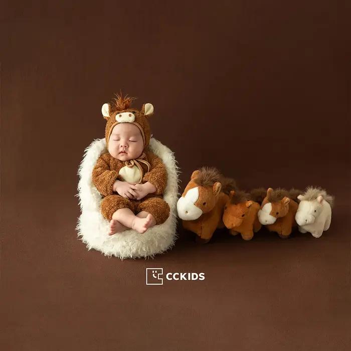 Accessoires de photographie nouveau-né sur le thème du cheval brun : Combinaison bébé + chapeau, pou