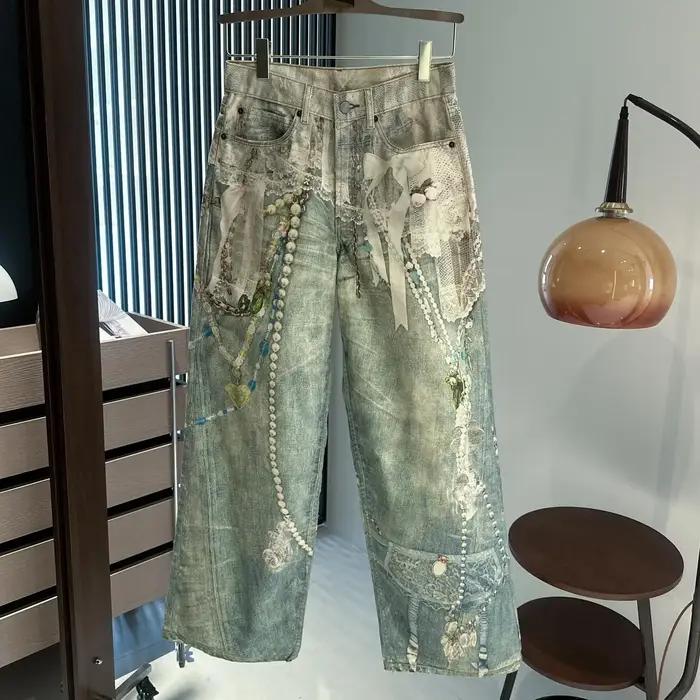 25SS dentelle perle chaîne trompe l'oeil 3D imprimé 1981 jambe droite jean pour hommes et femmes rop