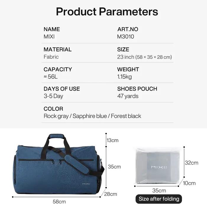 Mixi sac à vêtements à main pour voyage 56L sac de sport convertible pour hommes femmes 2 en 1 bagag