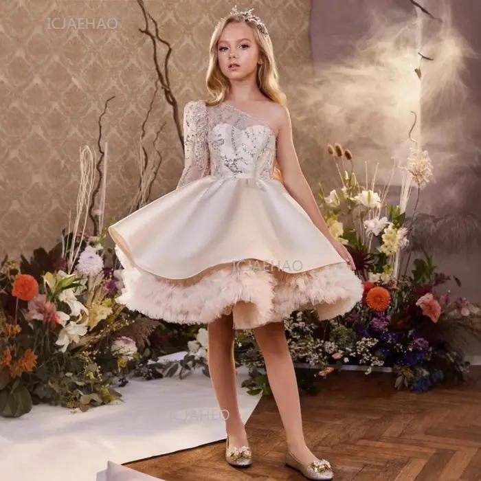 Robe de princesse à paillettes pour filles, asymétrique épaule dénudée, robe bouffante pour enfants,