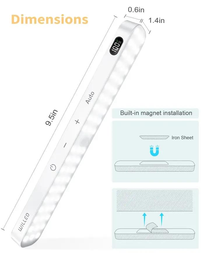 Lampe d'armoire avec capteur de mouvement WILLED, affichage de la batterie, barre lumineuse tactile