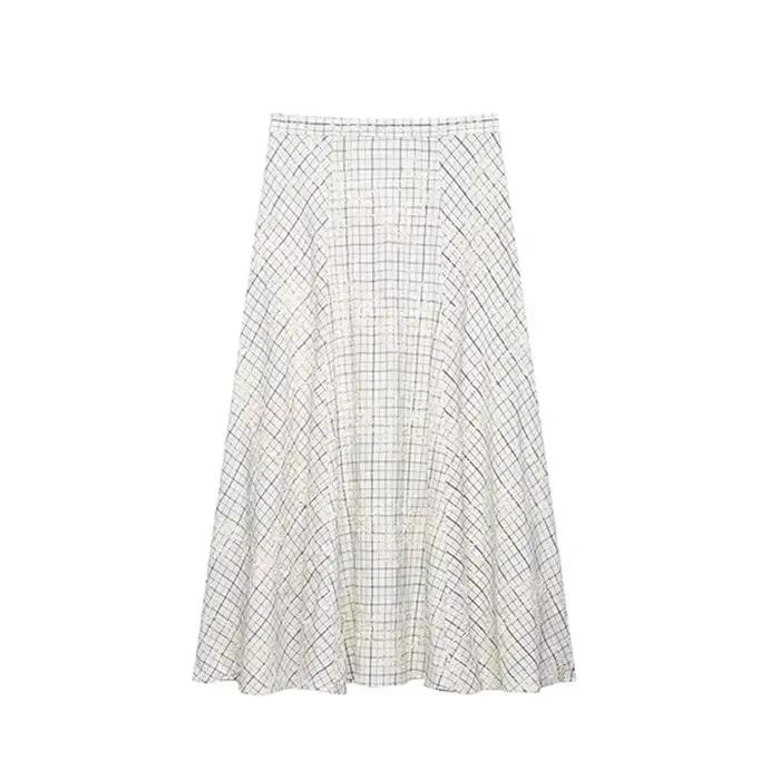 TFAFXY 2026 Ensemble d'été pour femme : Blouse brodée à carreaux avec nœud et jupe longue midi coupe