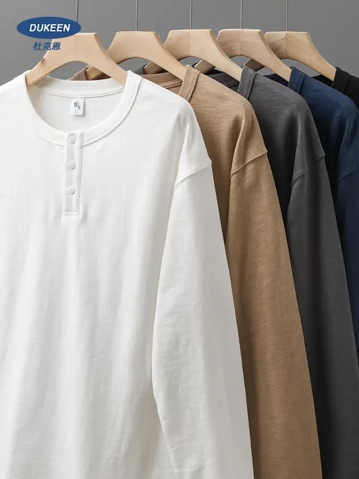 DUKEEN T-shirt à manches longues en coton lourd 320 g pour homme, style Henley, couleur unie, style