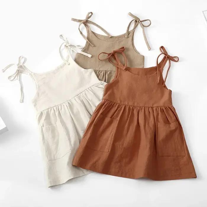Robe d'été en coton solide pour petites filles, sans manches, pour enfants, vêtements à la mode pour