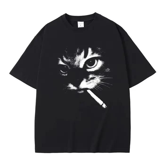 Mème drôle fumer chat visage graphique T-shirts hommes femmes décontracté coton Vintage T-shirts hom