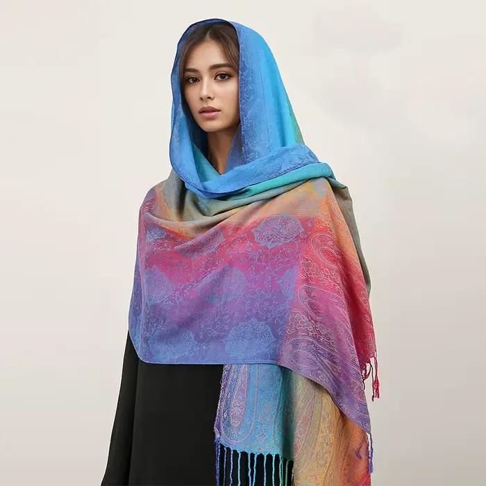 Couleurs arc-en-ciel hiver chaud épais Style ethnique Jacquard écharpe femmes voyage musulman Hijab