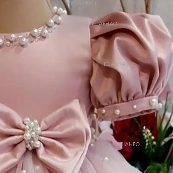 Robe de princesse rose à manches bouffantes 2026 pour fête d'anniversaire, faite à la main avec nœud