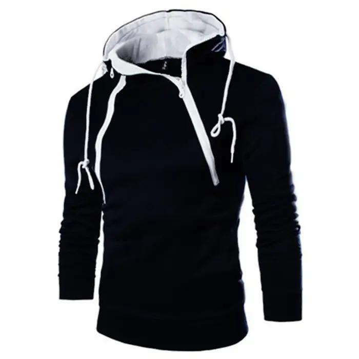 Sweat à capuche à manches longues pour homme, pull à col haut avec fermeture éclair, manteau noir