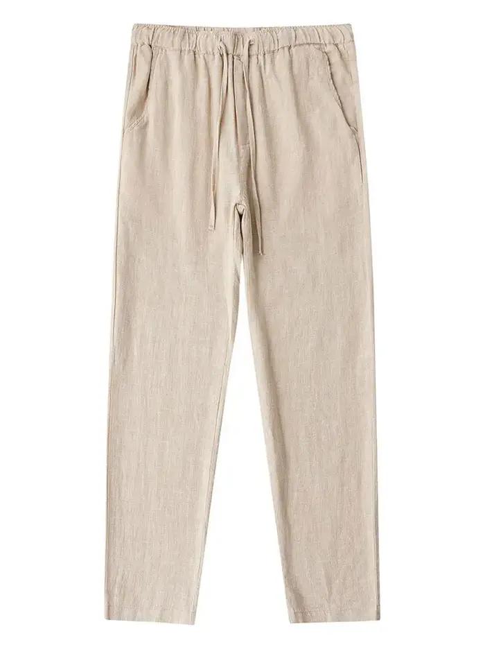 Pantalon Chino décontracté en coton et lin pour hommes, jambes larges, léger, Baggy, survêtement en
