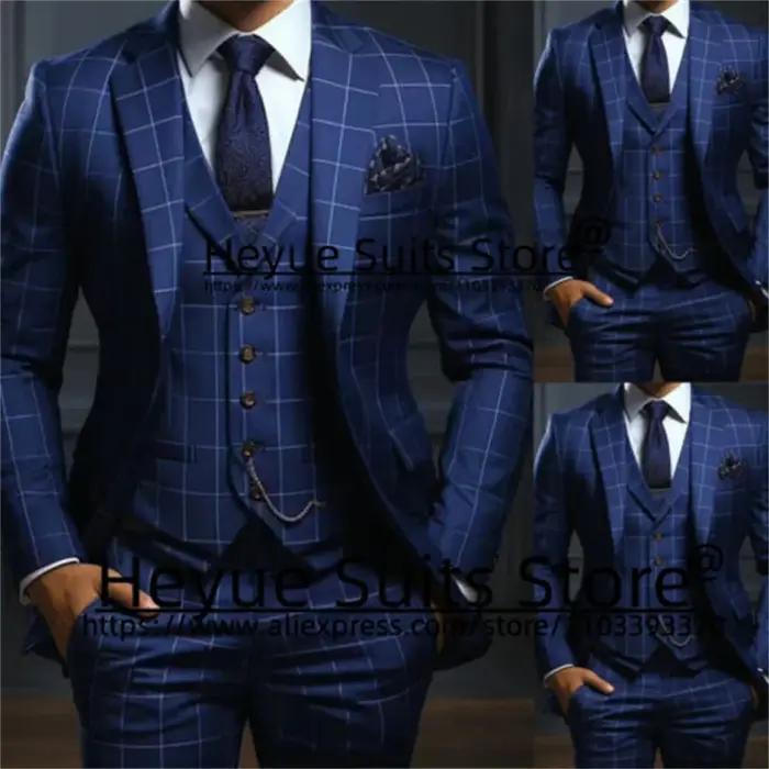Costumes personnalisés à carreaux bleu marine pour hommes, blazer d'affaires, coupe cintrée, revers