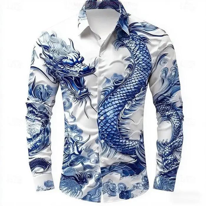 Chemise à manches longues pour hommes, multicolore, Dragon, boutons, mode décontractée, vacances, to