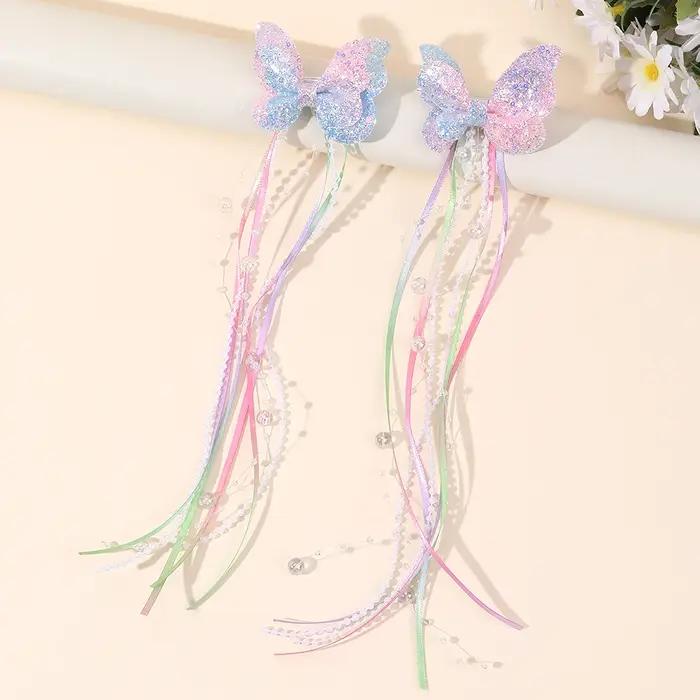 Pinces à cheveux avec nœud papillon à paillettes, 2 pièces, papillon arc-en-ciel avec de longues per