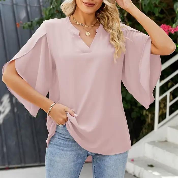 Femmes été Style chemisiers en mousseline de soie chemises dame décontracté manches courtes évasées