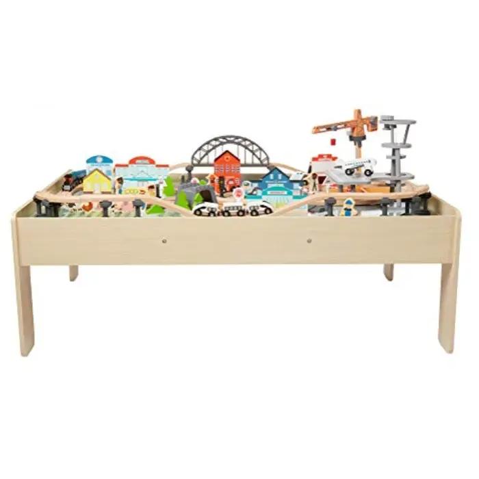 Amazon Basics Ensemble de train en bois de 120 pièces avec table d'activité Pistes robustes Poubelle