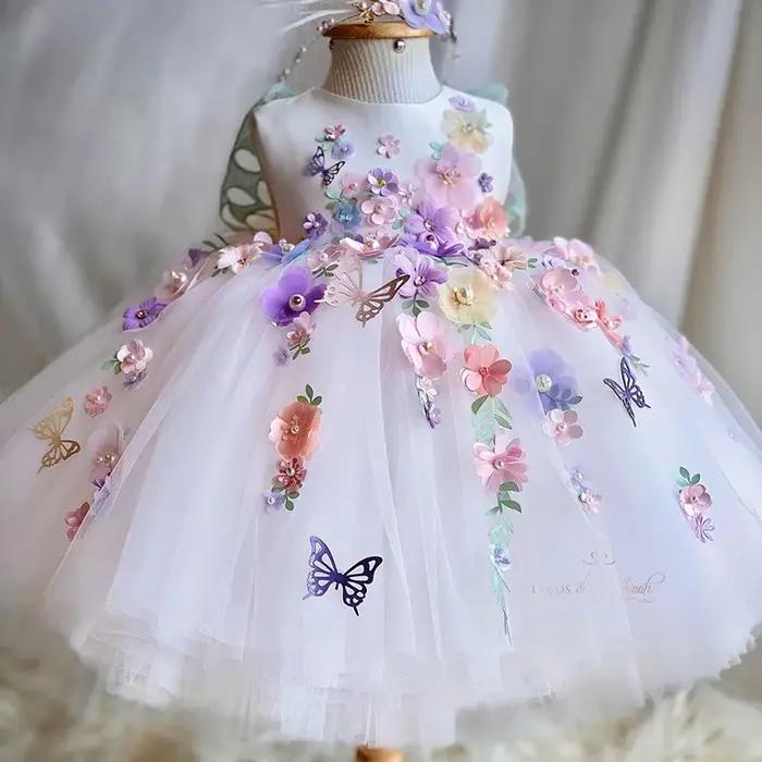 Robe de princesse à fleurs et papillons pour filles, luxueuse et élégante, en maille moelleuse, douc