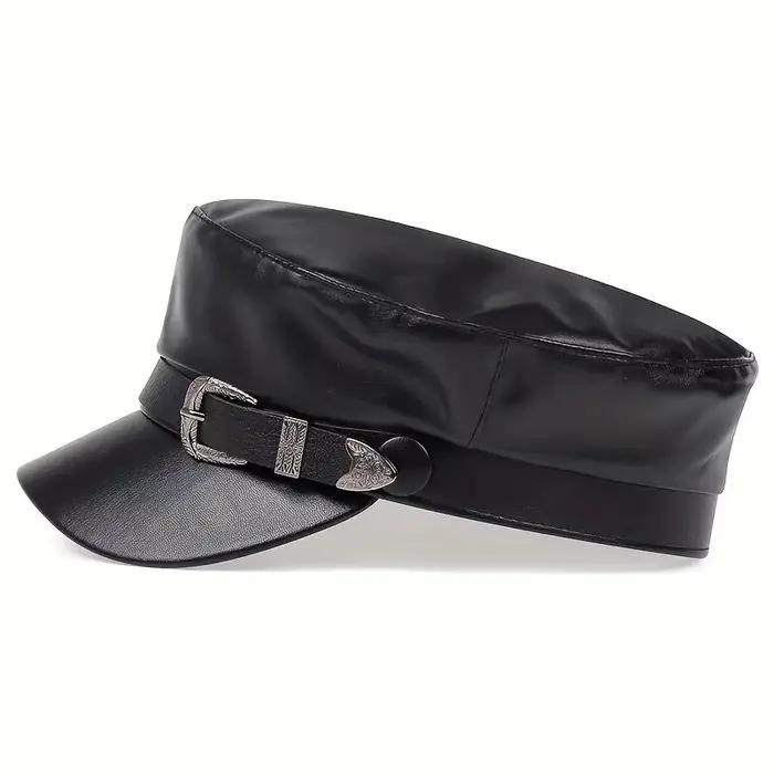 Chapeau en cuir avec grande ceinture pour femmes et hommes, chapeaux de marin, casquettes béret noir