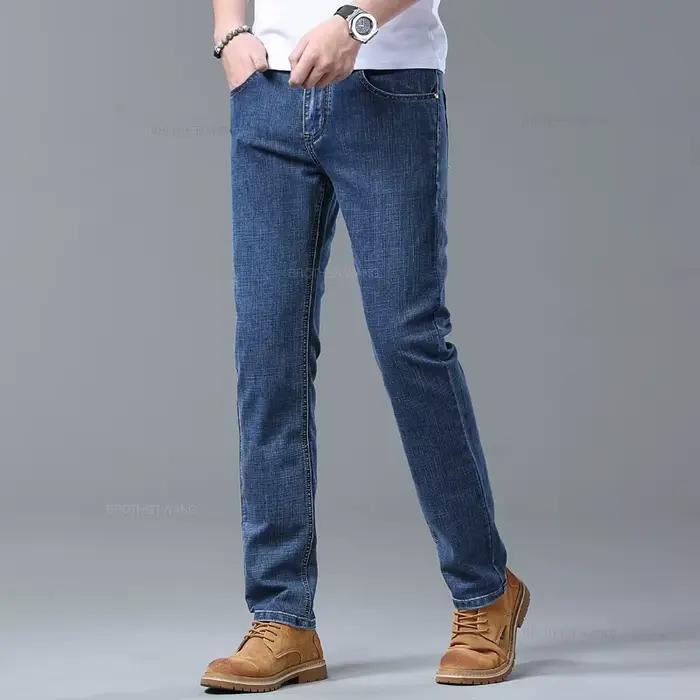 Printemps hommes bleu clair jean mince élégant décontracté tissu extensible Denim pantalon classique