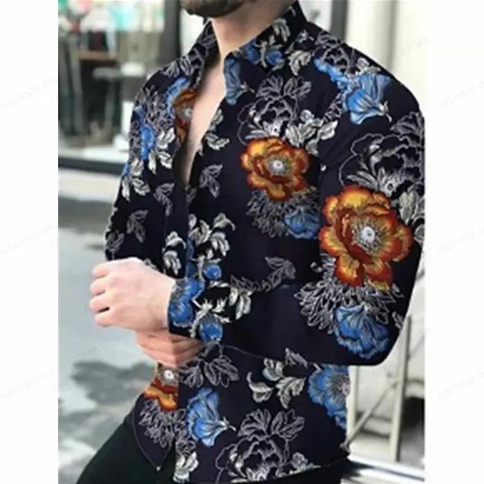 Chemise de plage à manches longues imprimée en 3D pour hommes, haut à enfiler, motif floral tropical