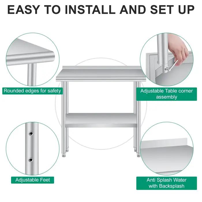 Table en acier inoxydable pour préparation et travail avec dosseret, table commerciale robuste avec