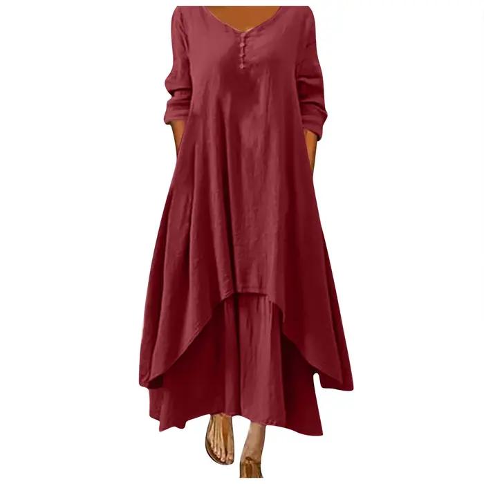 Robe longue en coton pour femmes, décontractée, à la mode, avec boutons, couleur unie, pour document