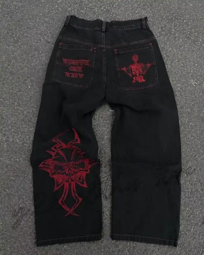 Nouveau Jean Y2K pour Homme, style Hip Hop, avec broderie crâne rétro, en denim délavé, coupe droite