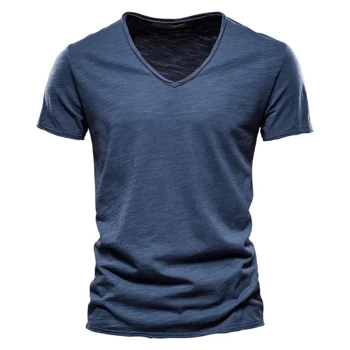 Qualité de la marque100% coton t shirt homme de marque Col en V mode homme Coupe ajustée Soild T-shi